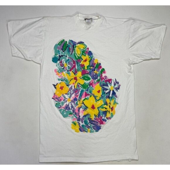 VINTAGE Flower Art T-shirt Men Large White USA 90s Single Stitch - Picture 1 of 8